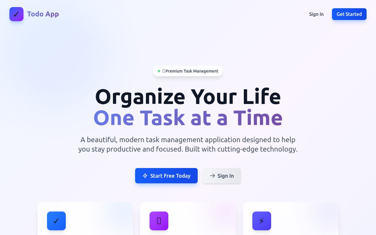 Todo App landing page: “Organize Your Life One Task at a Time”